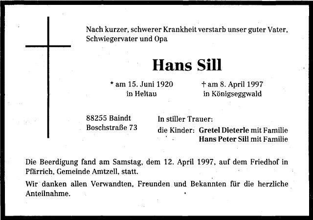 Sill Hans 1920-1997 Todesanzeige